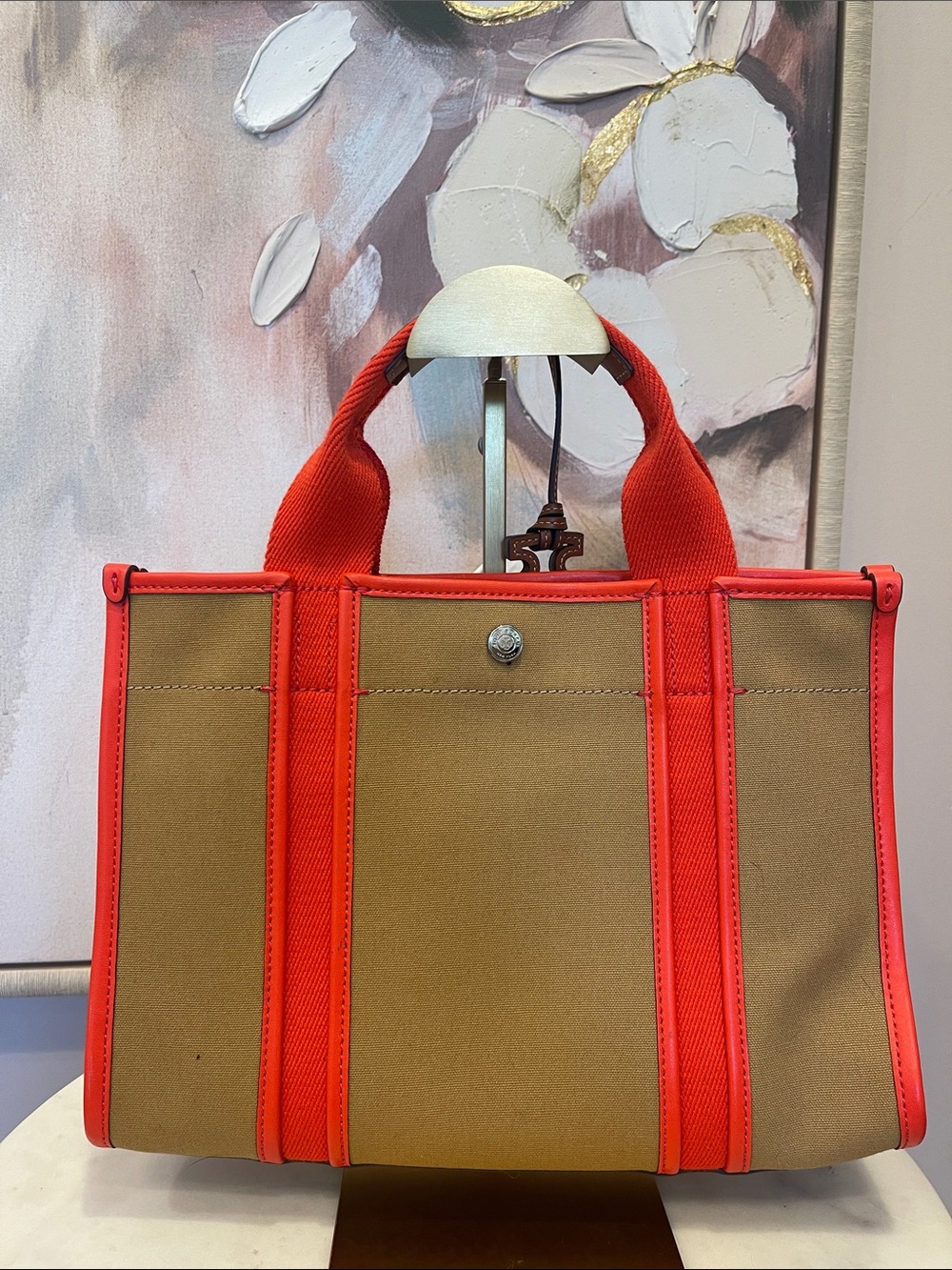 NWOT Tory Burch Tan Canvas Tote with Bright with Coral Trim - Picture 4 of 8